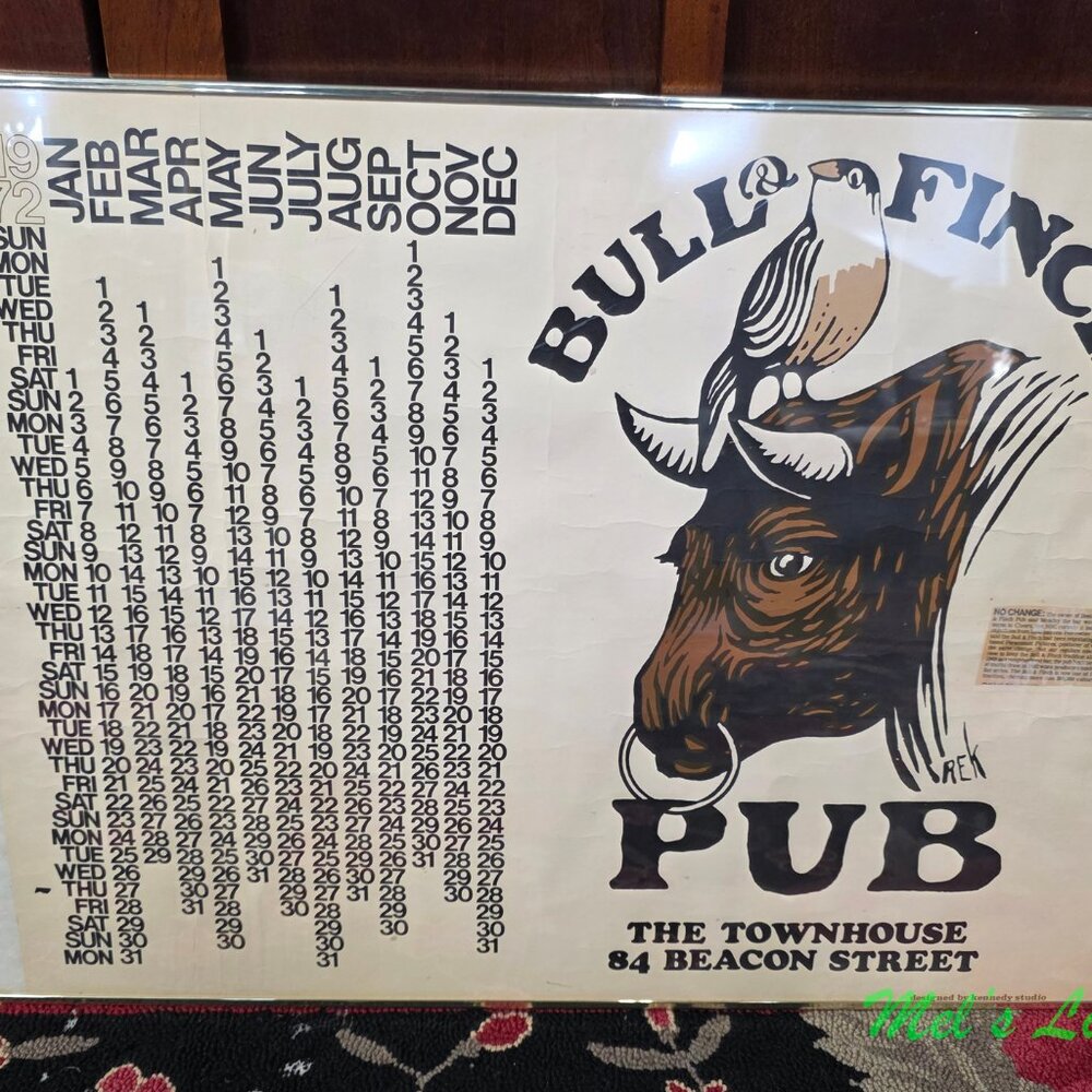 Vintage 1972 Bull & Finch Pub Calendar Poster Cheers